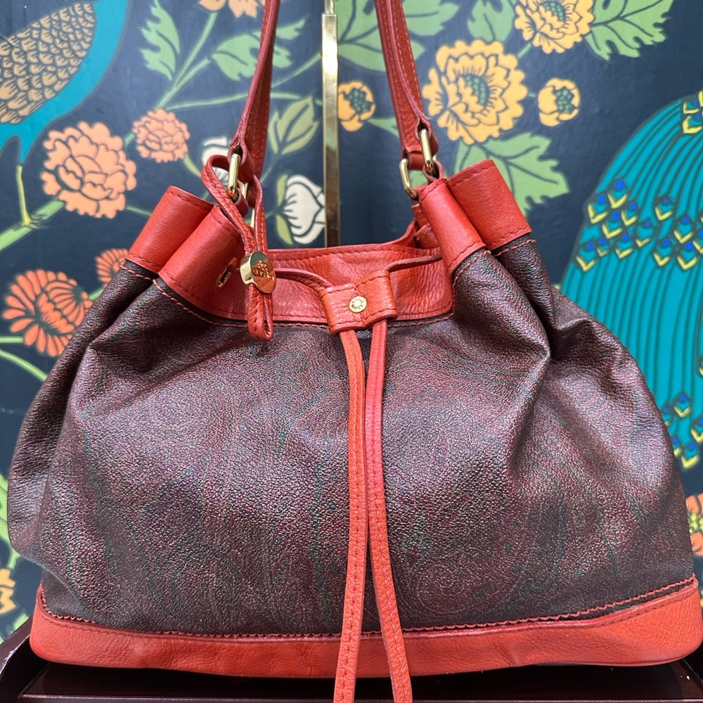 ETRO Paisley Canvas & Orange Leather Drawstring Tote